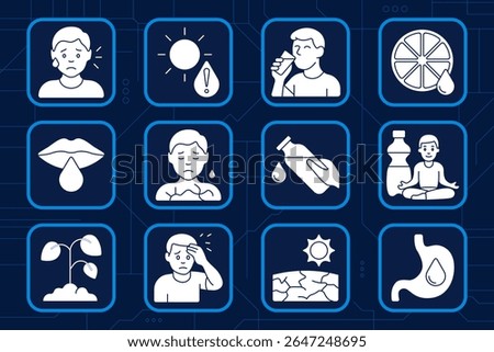 Dehydration set icon. Sweating face, sun warning, man drinking, citrus hydration, dry lips, chest tightness, pouring drink, water bottle, meditation, wilted plant, fever, dry skin, gastric dryness