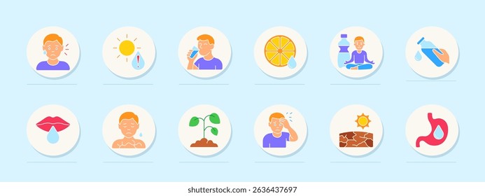 Dehydration set icon. Sweating, heat, drinking, citrus, hydration meditation, hand bottle, dry lips, chest pain, plant, headache, cracked ground, stomach dryness.