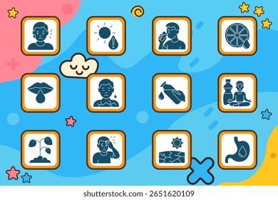 Dehydration set icon. Tired face, sun and drop, drinking water, citrus slice, dry lips, chest pain, pouring bottle, yoga with water, wilted plant, headache, cracked ground, stomach dryness