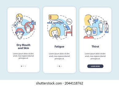 Dehydration symptoms onboarding mobile app page screen. Signs of fluid loss walkthrough 3 steps graphic instructions with concepts. UI, UX, GUI vector template with linear color illustrations