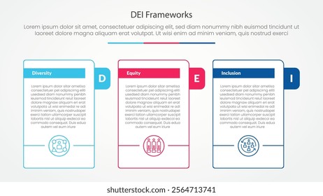 DEI frameworks infographic concept for slide presentation with big outline table with title badge and circle accessories bottom with 3 point list with flat style vector