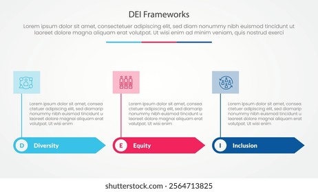 DEI frameworks infographic concept for slide presentation with rectangle arrow and banner on header top with 3 point list with flat style vector