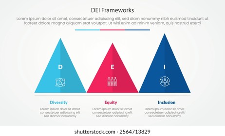 DEI frameworks infographic concept for slide presentation with triangle pyramid shape horizontal with 3 point list with flat style vector