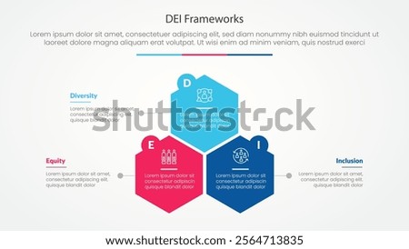 DEI frameworks infographic concept for slide presentation with hexagon or hexagonal shape structure with 3 point list with flat style vector