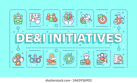 DEI initiatives word concept. Diversity, equity and inclusion. Workplace culture. CSR. Typography banner. Vector illustration with title text, editable icons color. Hubot Sans font used