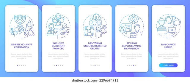 DEI initiatives for workplace blue gradient onboarding mobile app screen. Walkthrough 5 steps graphic instructions with linear concepts. UI, UX, GUI template. Myriad Pro-Bold, Regular fonts use