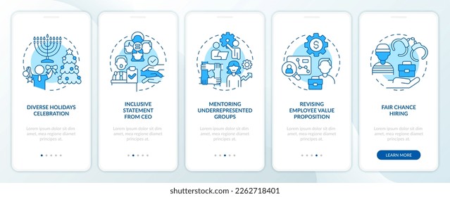 DEI initiatives for workplace blue onboarding mobile app screen. Walkthrough 5 steps editable graphic instructions with linear concepts. UI, UX, GUI template. Myriad Pro-Bold, Regular fonts use