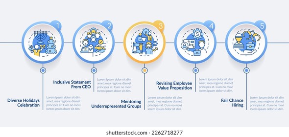 DEI initiatives for workplace circle infographic template. Data visualization with 5 steps. Editable timeline info chart. Workflow layout with line icons. Lato-Bold, Regular fonts used