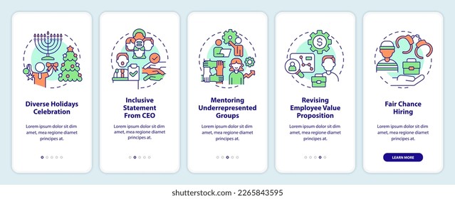 DEI initiatives for workplace onboarding mobile app screen. Inclusion walkthrough 5 steps editable graphic instructions with linear concepts. UI, UX, GUI template. Myriad Pro-Bold, Regular fonts use