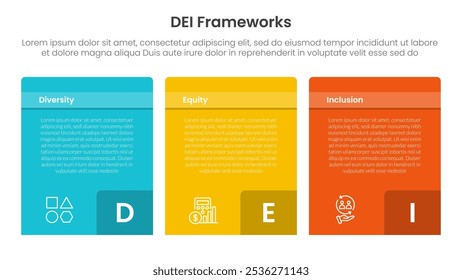 DEI organizational frameworks infographic 3 point with box container table with badge number on bottom for slide presentation vector
