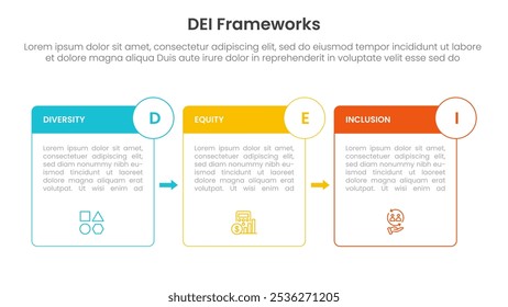 DEI organizational frameworks infographic 3 point with box outline and badge arrow for slide presentation vector