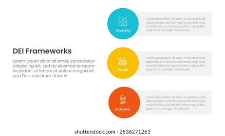 DEI organizational frameworks infographic 3 point with vertical circle shape on stack layout for slide presentation vector