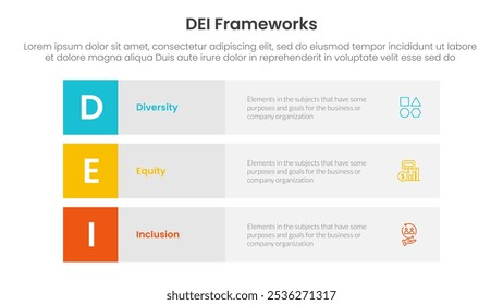 Infografía de marcos organizacionales DEI 3 puntos con pila de contenido de rectángulo de fila de 3 bloques para Vector de presentación de diapositivas