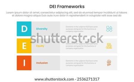 DEI organizational frameworks infographic 3 point with 3 block row rectangle content stack for slide presentation vector