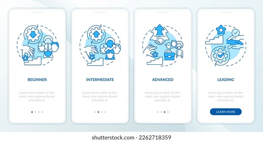 DEI program maturity stages blue onboarding mobile app screen. Walkthrough 4 steps editable graphic instructions with linear concepts. UI, UX, GUI template. Myriad Pro-Bold, Regular fonts use