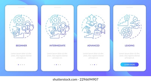 DEI program maturity stages blue gradient onboarding mobile app screen. Walkthrough 4 steps graphic instructions with linear concepts. UI, UX, GUI template. Myriad Pro-Bold, Regular fonts use