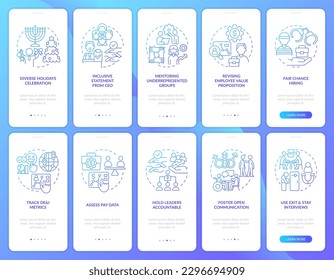 DEI programs for workplace blue gradient onboarding mobile app screens set. Walkthrough 5 steps graphic instructions with linear concepts. UI, UX, GUI template. Myriad Pro-Bold, Regular fonts use