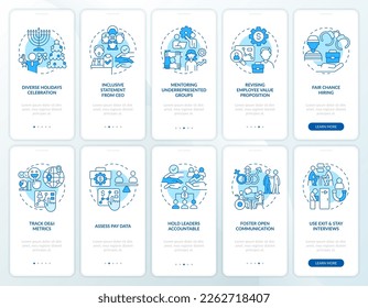 DEI programs for workplace blue onboarding mobile app screens set. Walkthrough 5 steps editable graphic instructions with linear concepts. UI, UX, GUI template. Myriad Pro-Bold, Regular fonts use
