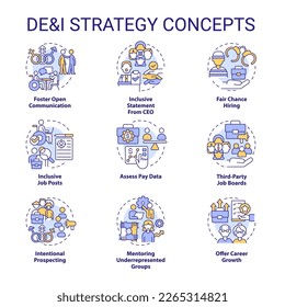 DEI strategy in workplace concept icons set. Support diversity, equity and inclusion idea thin line color illustrations. Isolated symbols. Editable stroke. Roboto-Medium, Myriad Pro-Bold fonts used