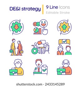 DEI strategy in workplace RGB color icons set. Support diversity in company. Hiring staff with inclusive view. Isolated vector illustrations. Simple filled line drawings collection. Editable stroke