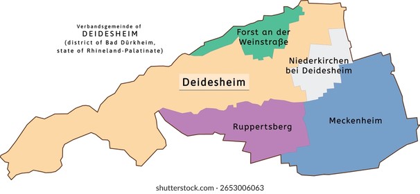 Mapa de Deidesheim verbandsgemeinde do distrito de Bad Dürkheim na Renânia-Palatinado (Renânia-Palatinado), Alemanha. Vetorizado. Cores retroativas