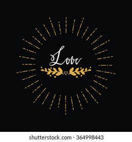 Deign element with heart, hand lettering and retro sunburst for Valentines Day