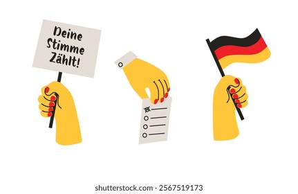 Deine Stimme Zählt. German Election 2025 Illustration with Hands, Flags and Ballot. 