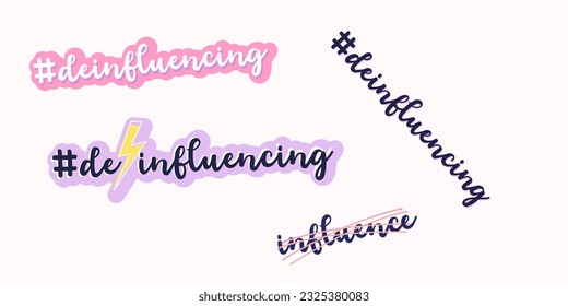 Deinfluencing hashtag fancy stickers. De-influencing. Influencer. Vector file. Girly pink, glamorous