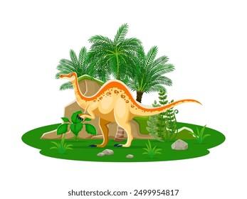 Deinocheirus prehistoric dinosaur character. Isolated cartoon vector genus of large theropod dino from the late cretaceous period. Omnivore animal stands near the large rock surrounded by palm trees