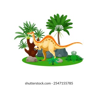 Deinocheirus prehistoric dinosaur character. Isolated cartoon vector omnivore animal stands near the large rock surrounded by palm trees. Genus of large theropod dino from the late cretaceous period