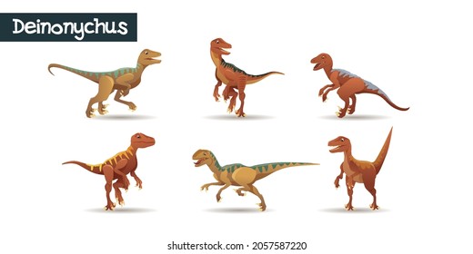 Deinonychus, a realistic looking dinosaur in 6 different poses. Colorful vector illustration of a predator for children