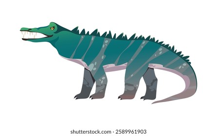 Deinosuchus or Purussaurus isolated dino personage with long tail, spikes on back and sharp teeth. Vector extinct genus of alligatoroid crocodilian, dangerous creature from prehistoric times