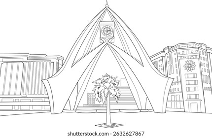 Deira Clock Tower Landmark Line Art Illustration, Line art illustration of the iconic Deira Clock Tower in Dubai, United Arab Emirates, featuring surrounding buildings and a palm tree. Perfect as a
