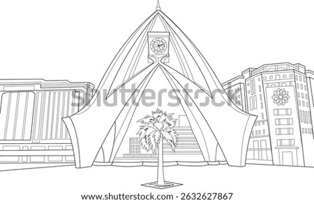 Deira Clock Tower Landmark Line Art Illustration, Line art illustration of the iconic Deira Clock Tower in Dubai, United Arab Emirates, featuring surrounding buildings and a palm tree. Perfect as a