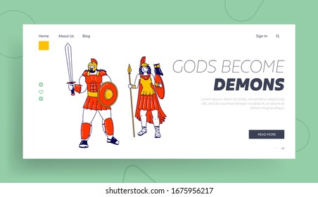 Deities Characters Landing Page Template. Pallas Athene and Ares Mars Olympian God and Goddess of War in Greek and Roman Religion and Mythology Wearing Armor and Owl. Linear People Vector Illustration