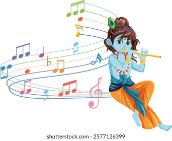 A deity playing flute with colorful musical notes