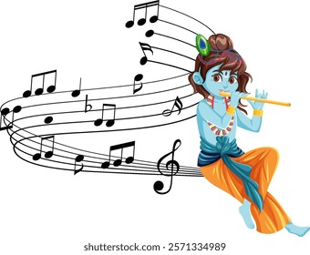 A deity playing flute with musical notes flowing