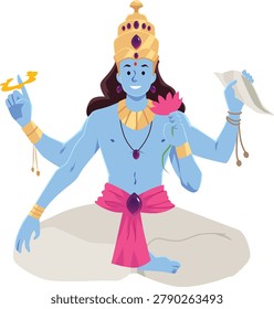 Deity of Vishnu, with blue skin, sitting in lotus position, with four arms, golden chakra, shankha shell. For the Indian holidays of Diwali, Holi, and Vaikuntha Ekadashi. Flat cartoon style. Vector