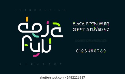 Dejafyu creative geometric modern urban alphabet font. Digital abstract futuristic, fashion, sport, minimal technology typography. Simple numeric vector illustration