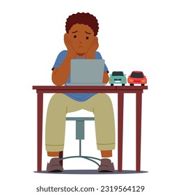 Dejected Child Boy Character Sits At A Desk With A Laptop, Displaying Visible Signs Of Boredom And Sadness, Perhaps Longing For Entertainment or Tired of Homework. Cartoon People Vector Illustration