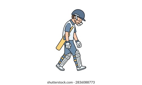 A dejected cricket player in full gear including helmet pads and gloves walking with his bat over his shoulder