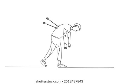 Dejected man with arrow in his back continuous one line drawing. Arrow in person back single line art illustration. Editable vector. Sacrifice, sadness, and lonely concept.