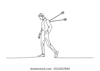 Dejected man with arrow in his back continuous one line drawing. Arrow in person back single line art illustration. Editable vector. Sacrifice, sadness, and lonely concept.