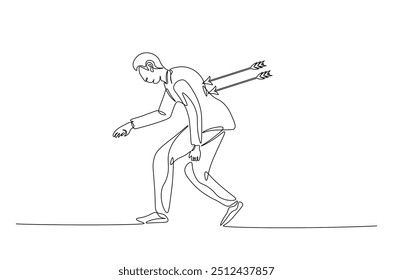 Dejected man with arrow in his back continuous one line drawing. Arrow in person back single line art illustration. Editable vector. Sacrifice, sadness, and lonely concept.