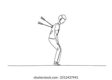 Dejected man with arrow in his back continuous one line drawing. Arrow in person back single line art illustration. Editable vector. Sacrifice, sadness, and lonely concept.