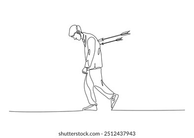 Dejected man with arrow in his back continuous one line drawing. Arrow in person back single line art illustration. Editable vector. Sacrifice, sadness, and lonely concept.