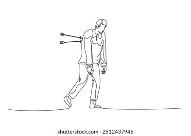 Dejected man with arrow in his back continuous one line drawing. Arrow in person back single line art illustration. Editable vector. Sacrifice, sadness, and lonely concept.