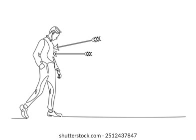 Dejected man with arrow in his chest continuous one line drawing. Arrow in person chest single line art illustration. Editable vector. Sacrifice, sadness, and lonely concept.