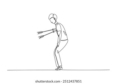 Dejected man with arrow in his chest continuous one line drawing. Arrow in person chest single line art illustration. Editable vector. Sacrifice, sadness, and lonely concept.