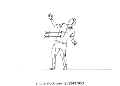 Dejected man with arrow in his chest continuous one line drawing. Arrow in person chest single line art illustration. Editable vector. Sacrifice, sadness, and lonely concept.